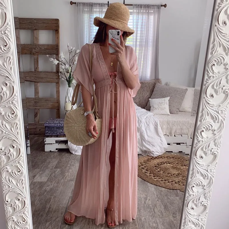 Boho женский кружевной кардиган кимоно с длинным рукавом праздничное пляжное