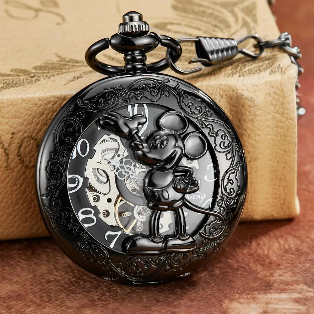 Original dos Desenhos Animados do Rato de Bronze Cadeia para Mulheres dos Homens de Vento Relógios de Bolso com Corrente Romano Dial Mehanical Relógio Mão Mecânica Fob