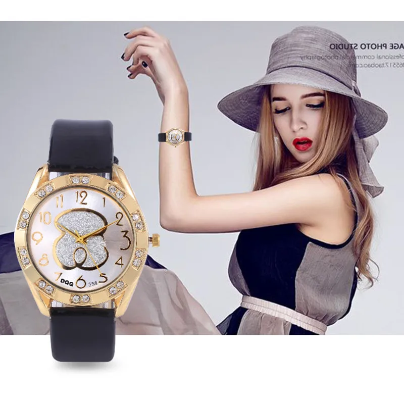 

Kobiet Zegarka 2019 Top Brand Luxury Women Bear Watch Chasy Leather Strap Rhinestone Dress Ladies Quartz Watches Reloj Mujer oso