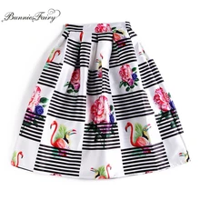 BunniesFairy Винтажный стиль черный белый полосатый Фламинго животное цветочный принт миди-юбка с высокой талией размера плюс Saia Cintura Alta