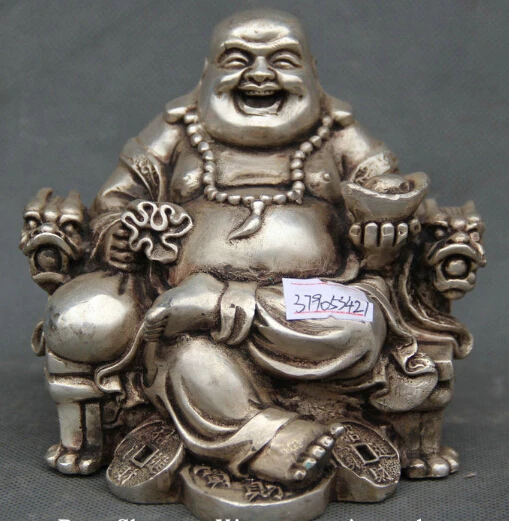 

5" Silver Wealth Money Bag Happy Laugh Maitreya Buddha Seat Dragon Chair Statue