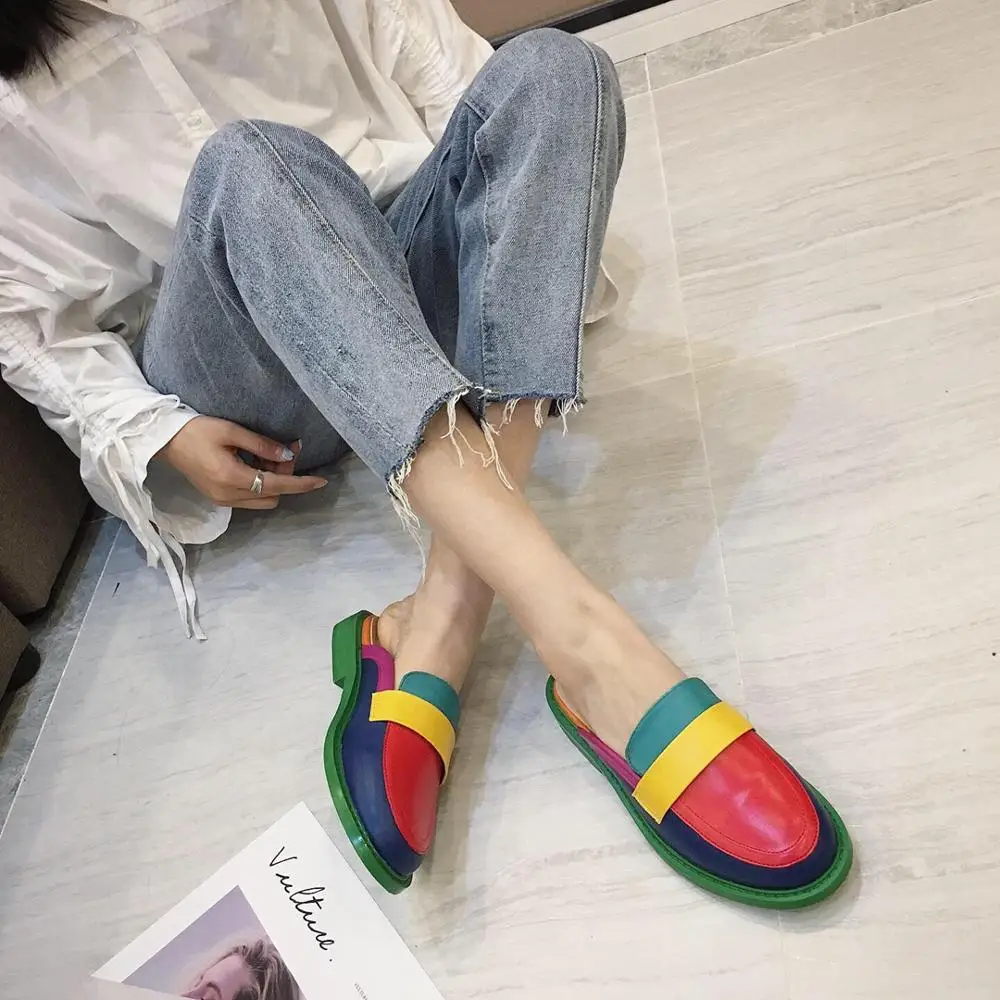 

Round Toe Women Slippers Rainbow Color Slip On Slides Mule Shoes Casual Flats With Mid Heeled Fashion Slippers For Girl Size 40