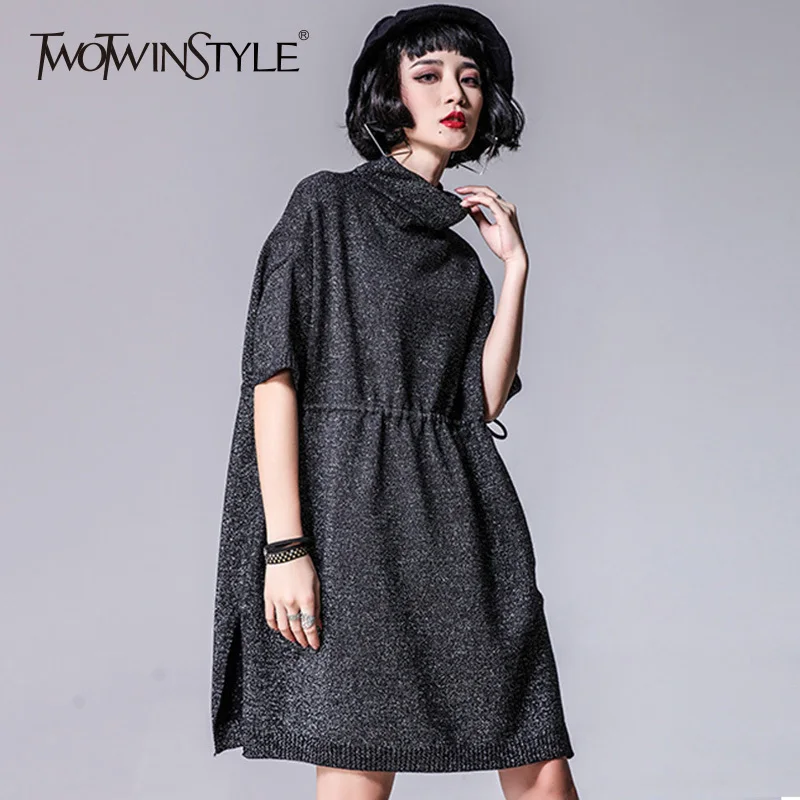 

TWOTWINSTYLE Knitting Dress Female Short Sleeve Turtleneck Tunic High Waist Split Mini Dresses 2019 Spring Fashion Clothing