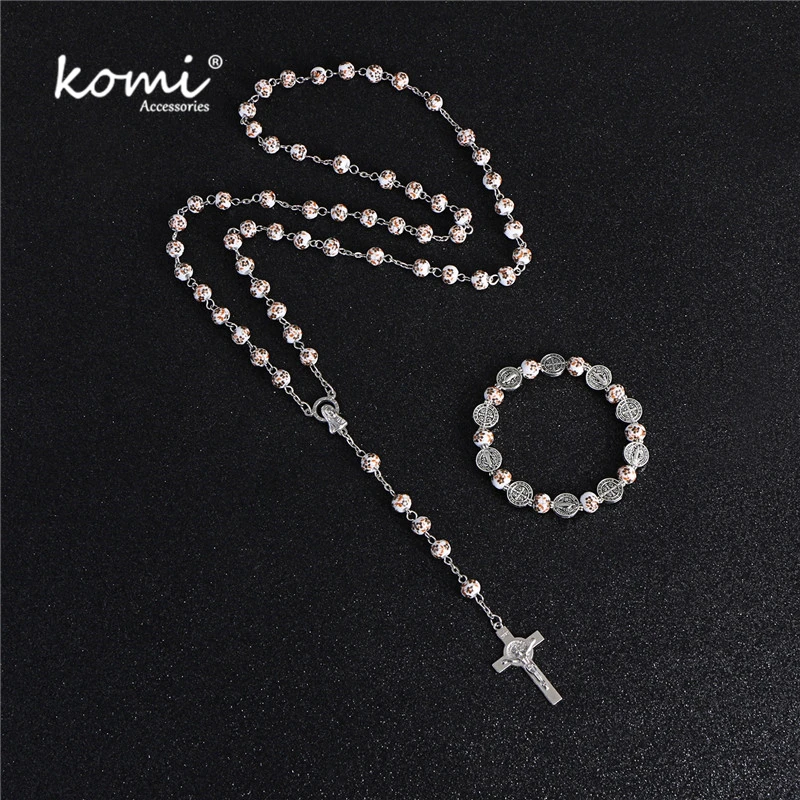 

KOMi Fashion 6mm Printing Stone Bead Handmade Necklace Bracelet Set Religious Rosary Cross Pendant Jewelry Gift R-131