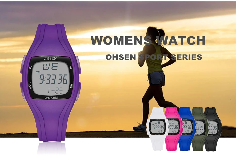 OHSEN Брендовые женские спортивные цифровые ЖК-часы 50 м для дайвинга с фиолетовым циферблатом и силиконовым ремешком водонепроницаемые наручные часы relogio feminino
