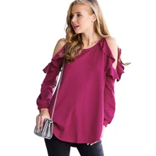 Aphrodite дома осень, для женщин футболки свободные Повседневное с круглым вырезом и длинными рукавами с оборками от плеча трикотажные футболки Для женщин рубашка