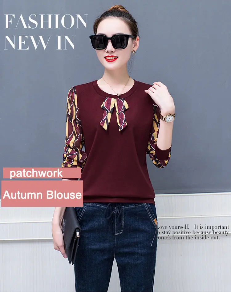 2019 Fall Patchwork Blouse Women Tops Plus Size Print Shirts Femme Tops Casual Ladies Shirts Bow Long Sleeve Blusas Mujer (3)