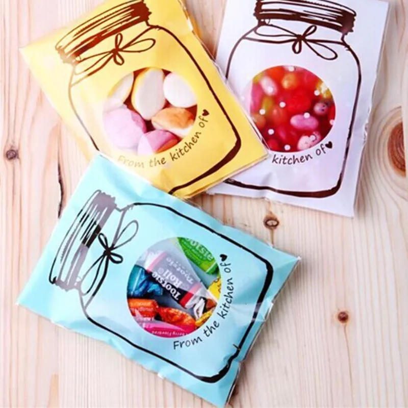 

100pcs/Lot Pink Blue Dragees Bottle Style Cookies Biscuits Bags Self-adhesive Wedding Cellophane Bag Cake Candy Gift Bags