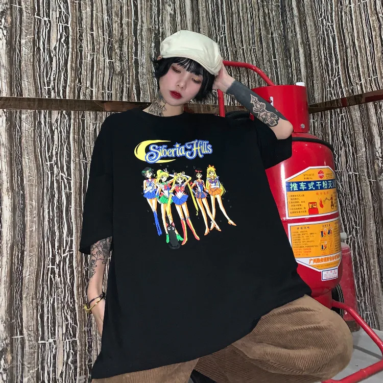 Poleras Mujer женская одежда корейский стиль Ulzzang Harajuku уличная Сейлор Мун Футболка женская Повседневная белая футболка Топы