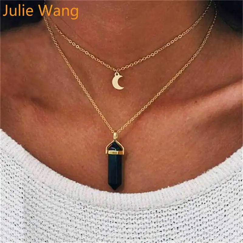 

Julie Wang 1pcs Natural Stone Glass Hexagonal Prism Necklace Fashion Double Crescent Moon Bullet Pendulum Pendant Necklace CJ576