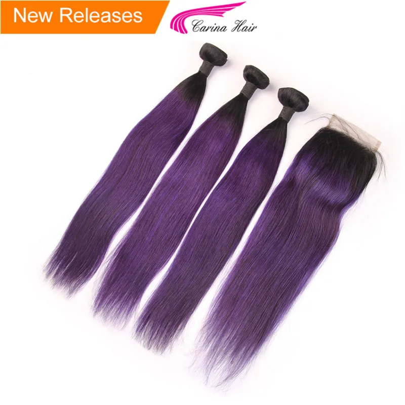 Peruvian Straight 1b Ombre Purple Hair Bundles With Closure Dark