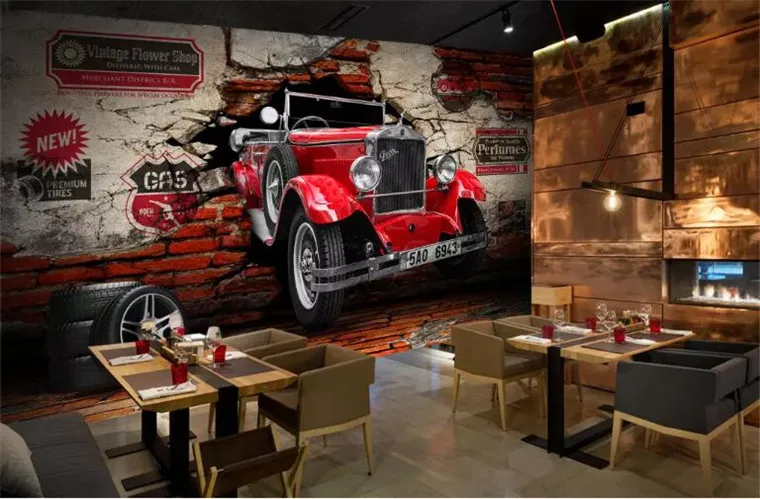 Пользовательские 3D обои ретро красный автомобиль фото настенные фрески Ресторан