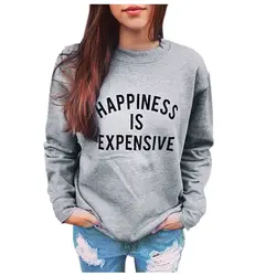 Mypf-Для женщин пуловер с надписями счастье дорого Серый с длинным рукавом Толстовки Толстовка
