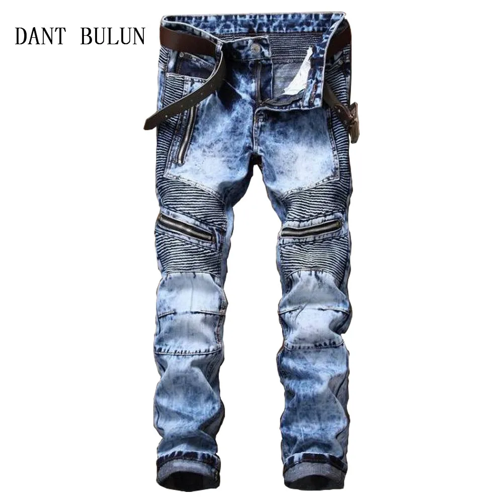 Goede DANT BULUN mannen Geplooide Biker Jeans Broek Slim Fit Merk Designer Motocycle Denim Broek Voor Male Multi Rits broek