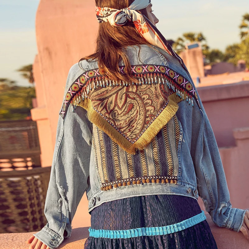 

Boho Jacket Women Cotton Loose Light Blue Denim Jacket New Back Printed Tassel Stitching Two Wearing Female Jeans Jacket Women