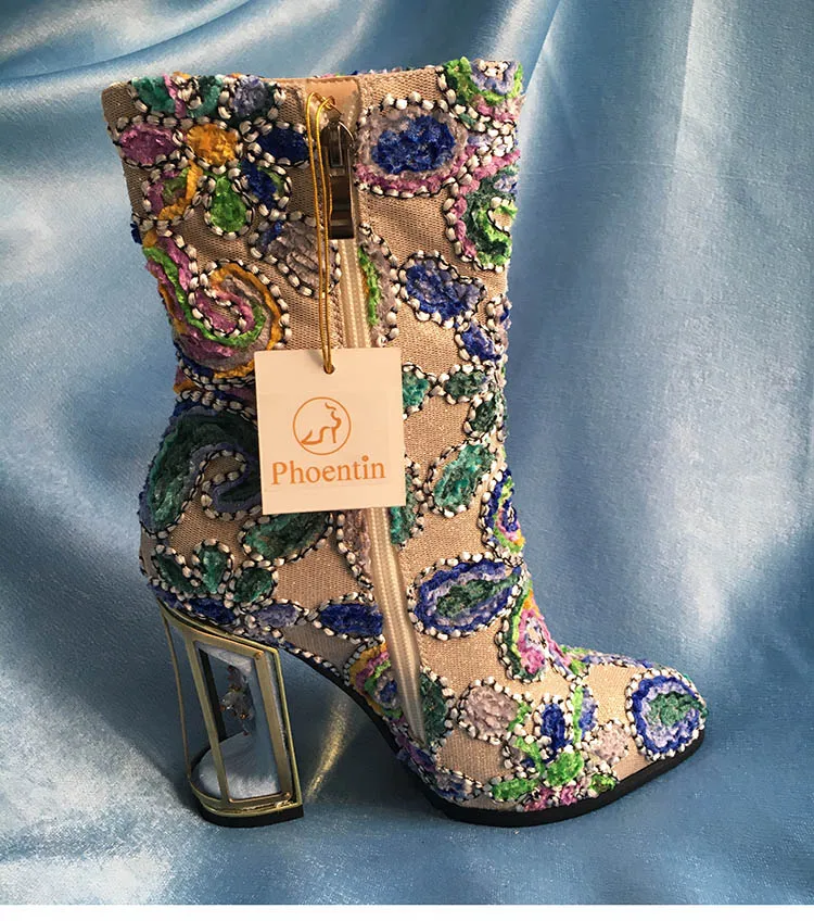 Phoentin/Женские ботинки в этническом стиле с цветочным принтом; Разноцветные женские полусапожки на высоком каблуке 10 см, украшенные кристаллами и птицами; высокое качество; FT255