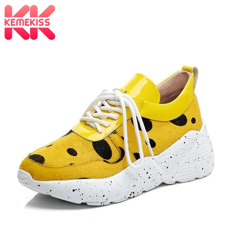

KemeKiss Women Real Leather Chunky Sneakers Outdoor Horse Hair Black Dot Thick Bottom Fitness Hiking Shoes Women Size 35-39