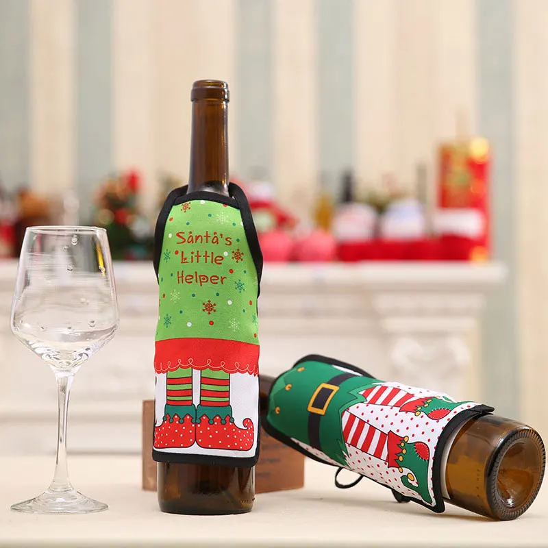 

14*20cm Apron Shaped Lace-up Wine Bottle Covers Letters Cats Dogs Santa Clause Print Christmas Party Decorations 7A0559