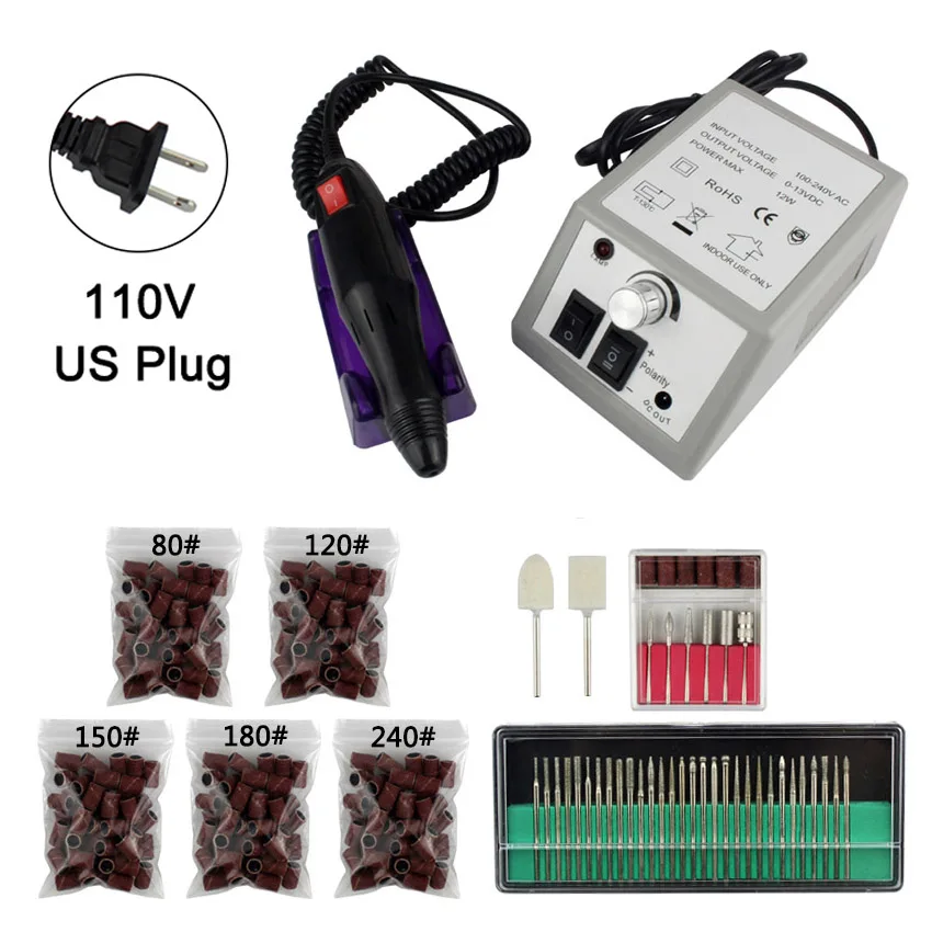 Профессиональный 1 набор, 20000 ОБ/мин, электрическая пилка для ногтей, сверло, машинка, маникюрный набор, педикюр, керамическая шерсть, полировщик, средство для снятия УФ гель-лака, инструменты - Цвет: Set 2-US