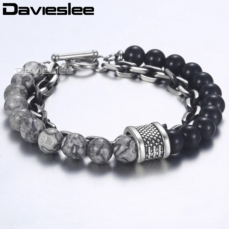Davieslee Bracelet for Men Glass Map Stone Beads Chain Cut Cable Link Stainless Steel Black Gunmetal Tone Mens Bracelets DDB33