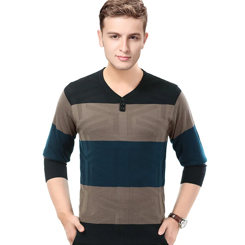 Новое поступление Мужской осенний тонкий цветной полосатый свитер с v-образным вырезом