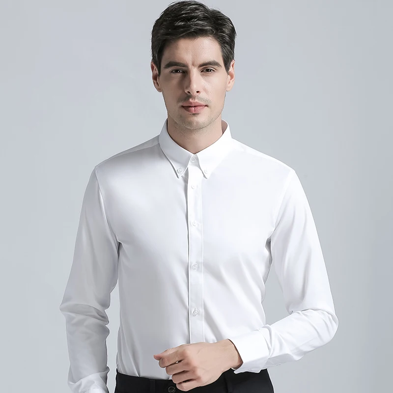 

2019 Brand New Men's Shirts Formal Buckle collar Cotton Blend Shirts Fashion Solid Color Long Sleeve Business Suits Shirts White