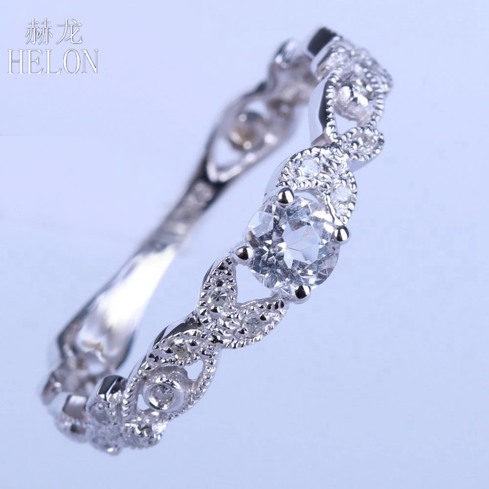 

HELON Sterling Silver 925 Antique Flawless Round Cut 4mm White Topaz Gemstone Ring Fine Women Diamonds Engagement Wedding Ring