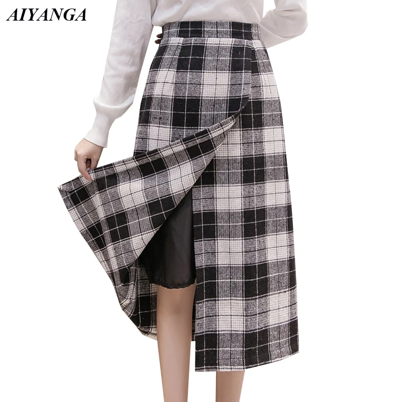 Новые шерстяные юбки для женщин осень зима юбки для женщин клетчатая юбка высокая талия юбки средней длины мода английский стиль