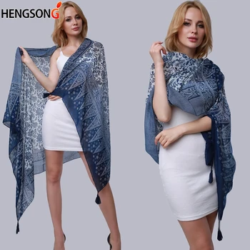 

Summer Bikini Women Cover Up With Tassel Sportswear Female Beach Cover Up Blue Floral Printed Beach Towel Bikini Bathing Suit