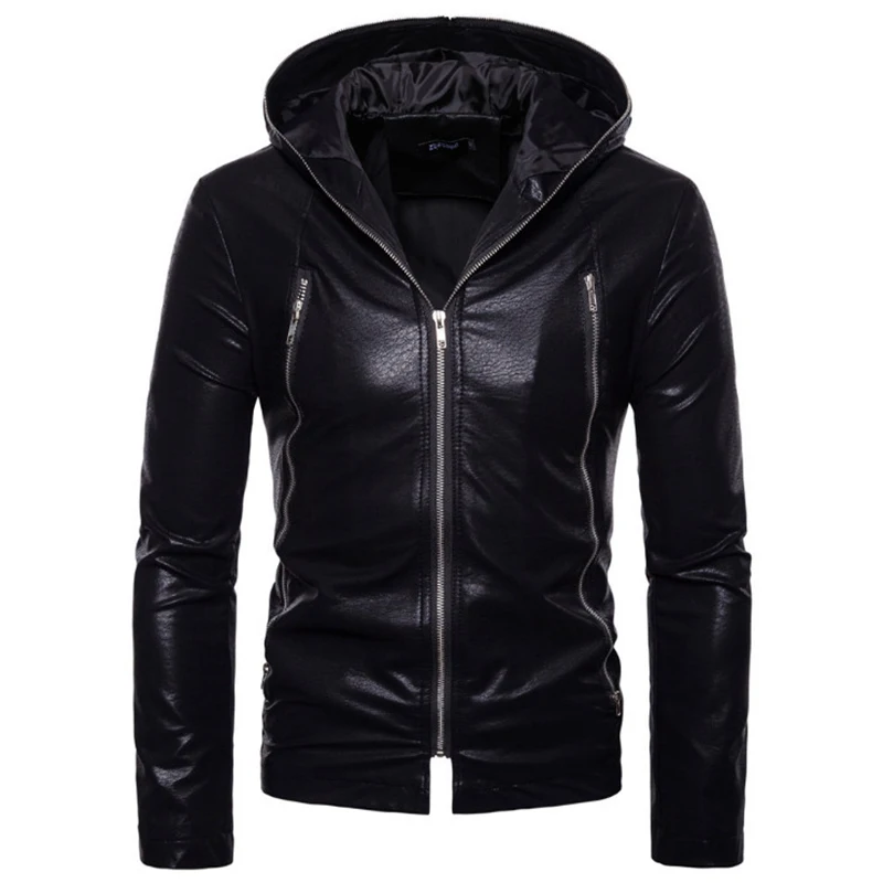 Европейские/американские размеры, новые мужские кожаные куртки, осенние свободные мотоциклетные кожаные куртки на молнии, Черная байкерская куртка с капюшоном, мужская верхняя одежда