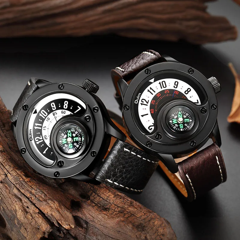 

Oulm New Sport Watches Men Decorative Compass Unique Design Male Quartz Clock Men's Leather Strap Casual Wrist Watch Man