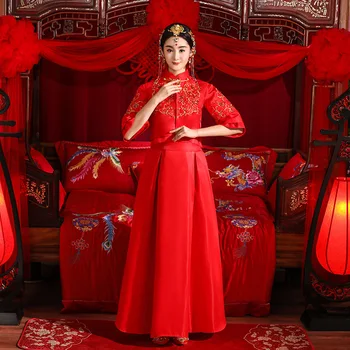 

Vintage Improved Red Bride Wedding Dress Formal Cheongsam Slim Half Sleeve Marriage Suit Classic Women Embroidery Hanfu Clothing