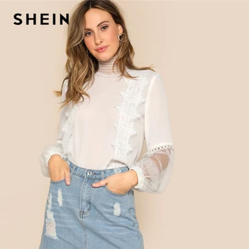 

SHEIN Lace Applique Mesh Lantern Sleeve Top Blouse Women Casual 2019 Spring Elegant High Neck Bishop Sleeve Top Blouses