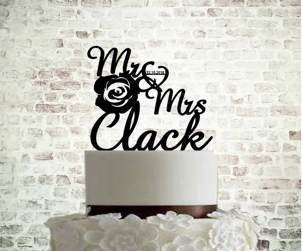 

Personalized Wedding cake topper with Rose and Last name Customized acrylic silver gold glitter wedding cake topper