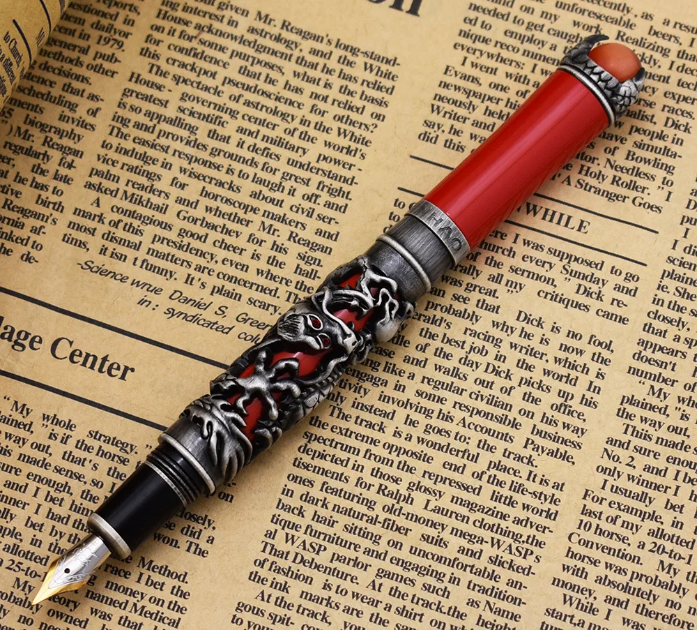 New Jinhao Dragon King Vintage Fountain Pen, Unique Metal Embossing Hi-tech, Gray Color & Red Cap Business Office Home Supplies new jinhao dragon king vintage fountain pen unique metal embossing hi tech gray color