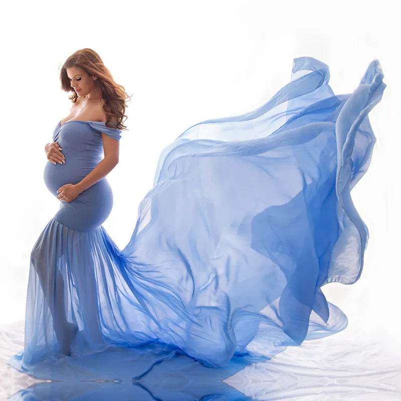 Реквизит для фотосессии для беременных; Одежда для беременных из хлопка и шифона; платье для беременных с открытыми плечами; платье для фотосъемки; платье для беременных - Цвет: Blue