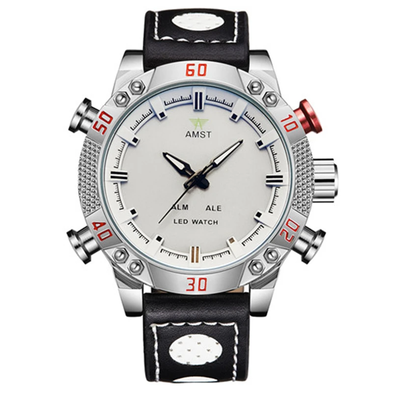 

AMST Brand Men Genuien Leather Strap Big Dial Sport Waterproof Quartz Watch Led Digital Military Wristwatch With Gift Box