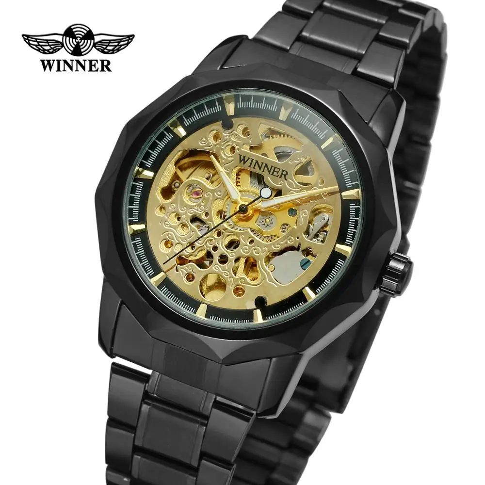 

WINNER Brand Luxury Skeleton Automatic Mechanical Watches Black Stainless Steel Men Wristwatch Gift Box Relogio Releges