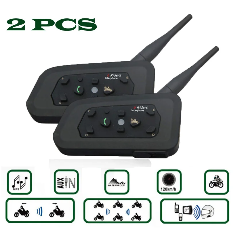 2PCS V6 Helmet 6 Riders 1200M Motorcycle Bluetooth