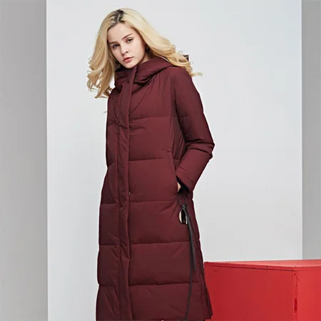 YNZZU Новая зимняя Женская 90% белая куртка на гусином пуху Элегантное Длинное OL пальто женское плотное теплое Свободное пальто с капюшоном AO730 - Цвет: Бургундия