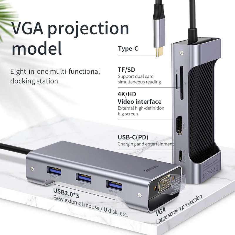 Baseus USB C HUB Type C to HDMI VGA RJ45 USB3.0 HUB Multi USB 3.0 Type-c HUB Power Adapter For Mack