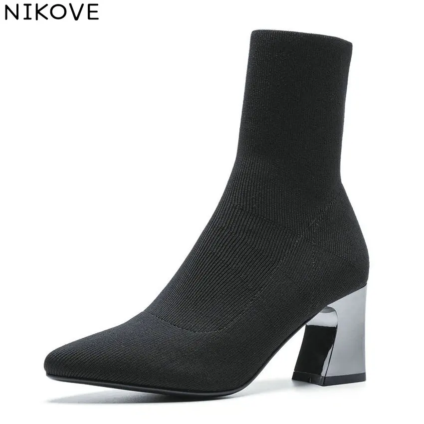 

NIKOVE 2019 Women Slip on Knitting Boots Square High Heels Ankle Boots Spring and Autumn Shoes Concise Ladies Boots Size 34-39