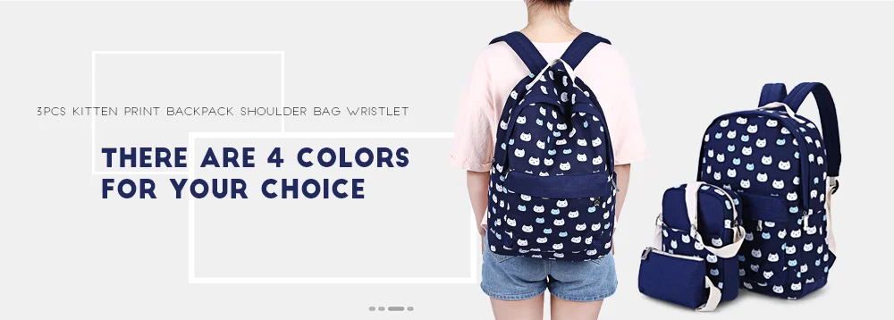 Guapabien 3pcs Preppy Style Kitten Print Zipper Backpack Shoulder Bag Wristlet