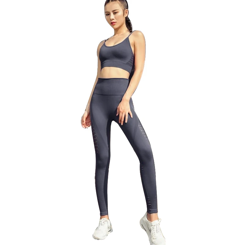 Спортивный костюм для фитнеса, Женский бесшовный комплект для йоги, высокая талия, обтягивающие леггинсы для спортзала с акулой и бюстгальтер, спортивная одежда для тренировок, женская одежда - Цвет: Grey Suits