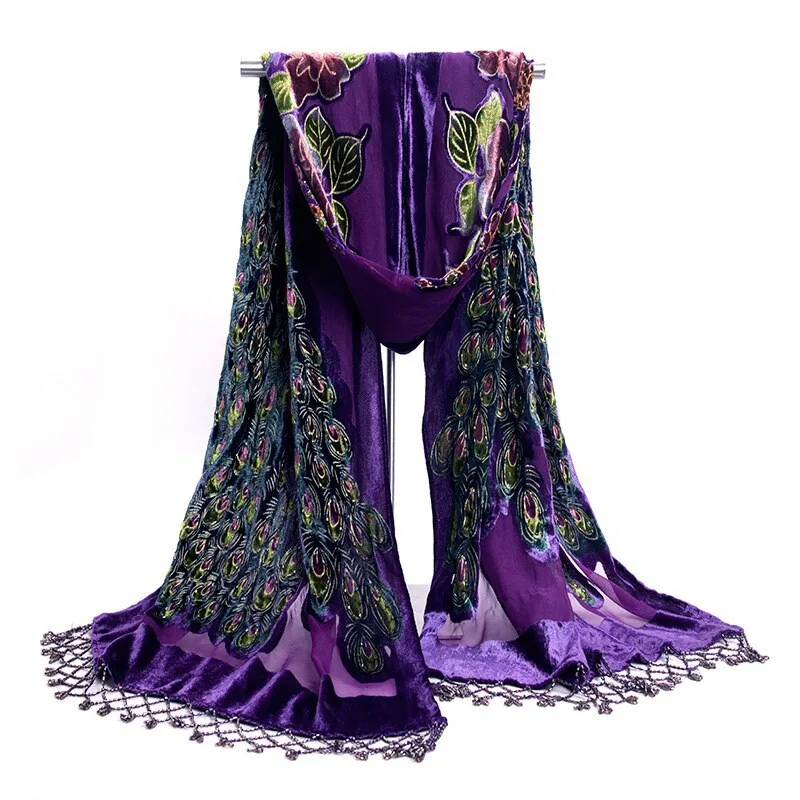 Горячая Распродажа черный женский бархатный шелковый вышитый бисером шаль шарф обертывание шарфы Peafowl WS006-H