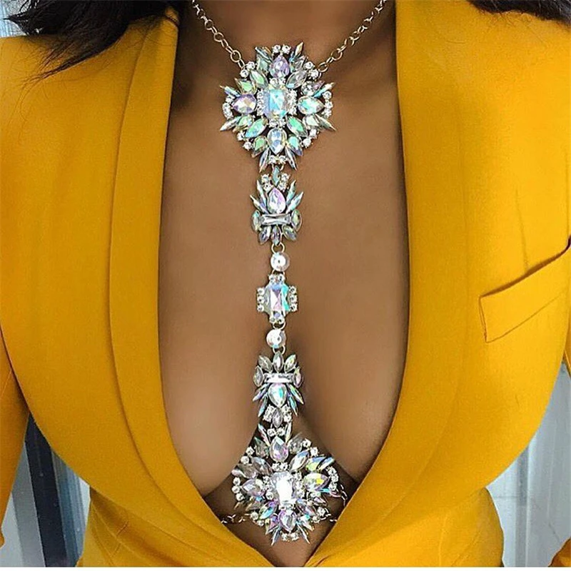 Módní dámské náhrdelník Bodychain šperky Luxusní křišťálové drahokamu Květina Belly tělo zlatý řetězec Letní plážové šperky Příslušenství