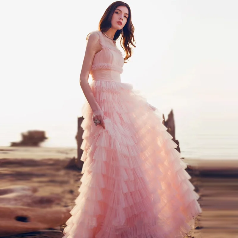 Роскошное дизайнерское платье для подиума, летнее женское розовое Сетчатое Тюлевое платье, длинное многослойное платье с оборками, платье принцессы для выпускного вечера Vestidos - Цвет: Розовый