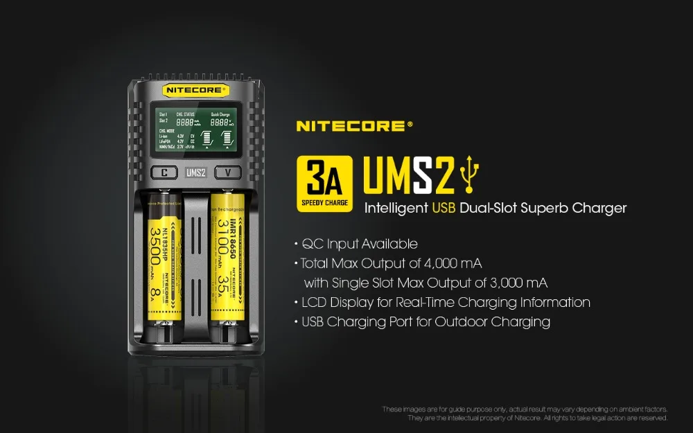 Оригинальное зарядное устройство NITECORE UMS2 UMS4 UM2 UM4 интеллигентая(ый) QC Зарядное устройство для 18650 16340 21700 20700 22650 26500 18350 AA AAA Батарея Зарядное устройство