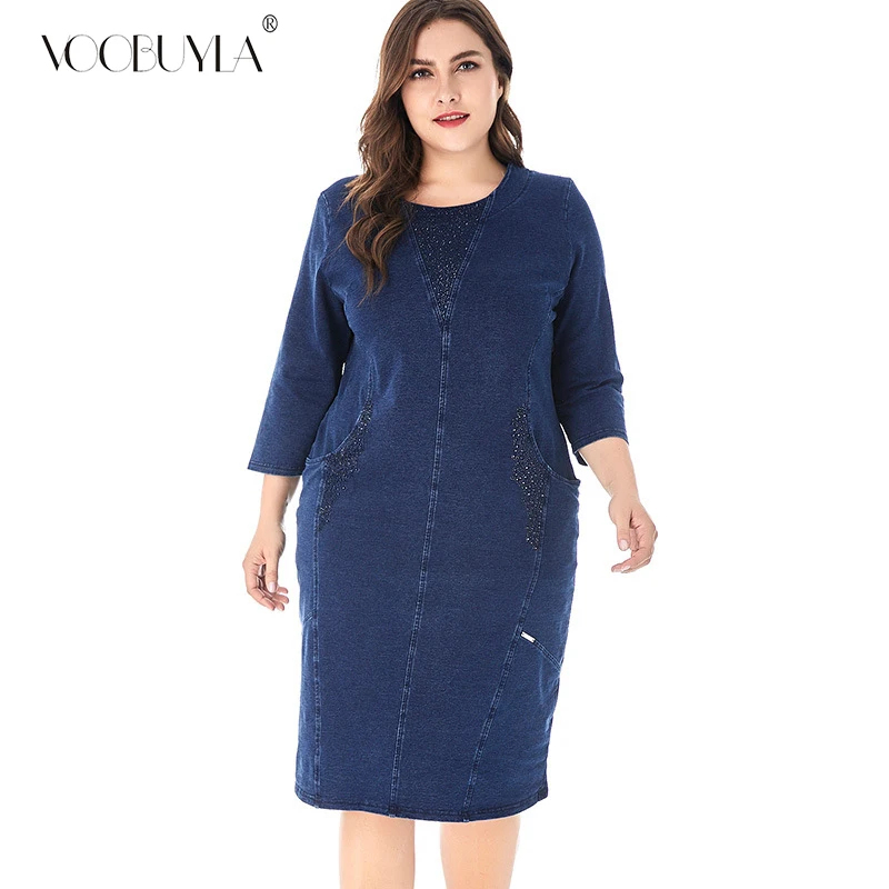 

Voobuyla Womens Plus Size 6XL Denim Dress Women High Quality Fashion Ladies Vintage Elegant Noble Party Large Size Autumn Dress