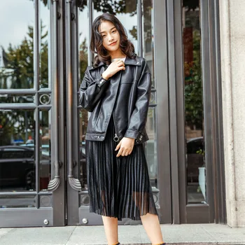 

Fashion Women Thin Loose Bf Cool Black Biker Jacket Motorcycle Clothing Female Korean Style Pu Leather Outerwear Lady Top Coat